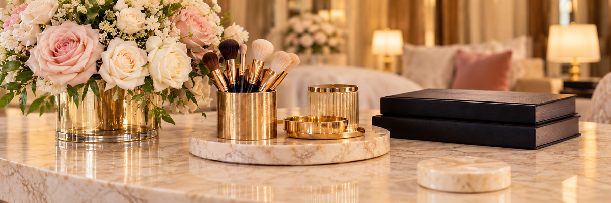 Flowers and beauty tools in a warm elegant setting